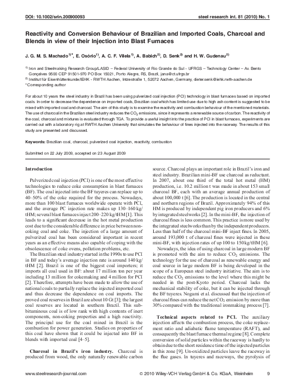 Pdf Reactivity And Conversion Behaviour Of Brazilian And Imported Coals Charcoal And Blends In View Of Their Injection Into Blast Furnaces Antonio Cezar F Vilela Academia Edu
