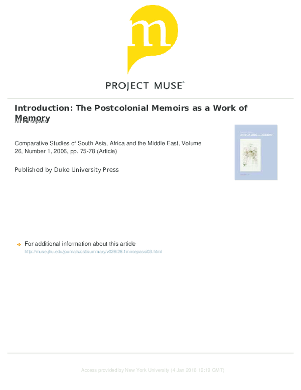 (PDF) The Postcolonial Memoirs as a Work of Memory