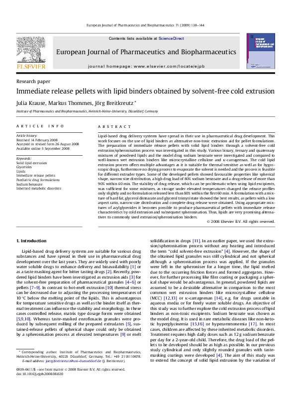 (PDF) Immediate release pellets with lipid binders obtained by solvent