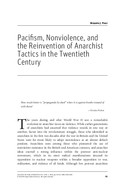 First page of “Pacifism, Nonviolence, and the Reinvention of Anarchist Tactics in the Twentieth Century”