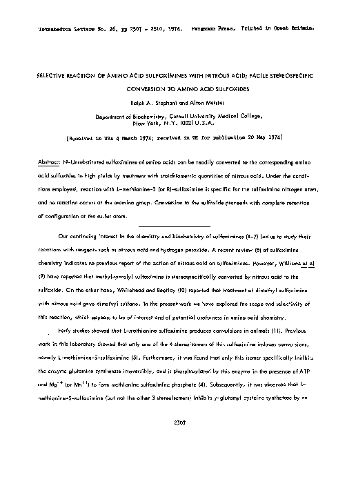 (PDF) Selective reaction of amino acid sulfoximines with nitrous acid