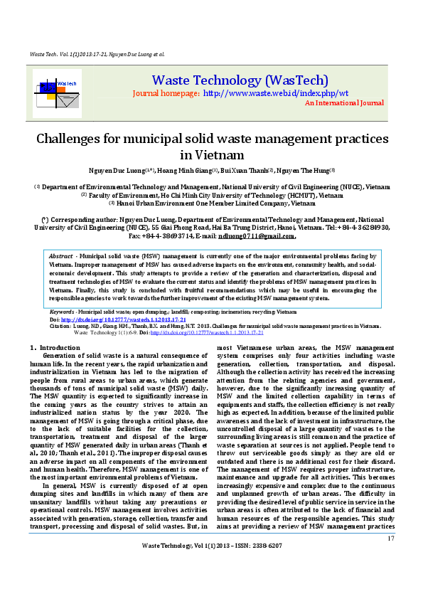 (PDF) Challenges for municipal solid waste management practices in Vietnam