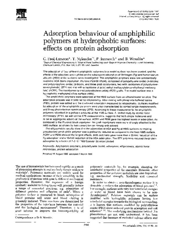  PDF Adsorption Behaviour Of Amphiphilic Polymers At Hydrophobic 