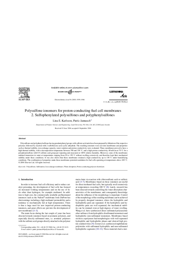  PDF Polysulfone Ionomers For Proton conducting Fuel Cell Membranes 