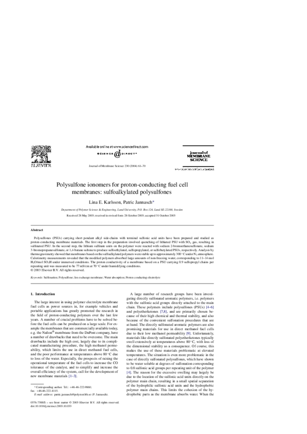  PDF Polysulfone Ionomers For Proton conducting Fuel Cell Membranes 
