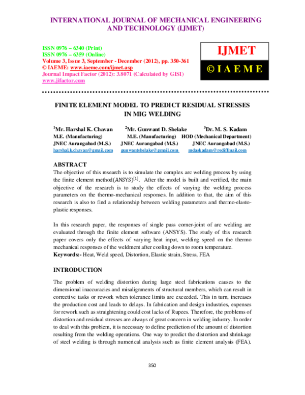 (PDF) FINITE ELEMENT MODEL TO PREDICT RESIDUAL STRESSES IN MIG WELDING