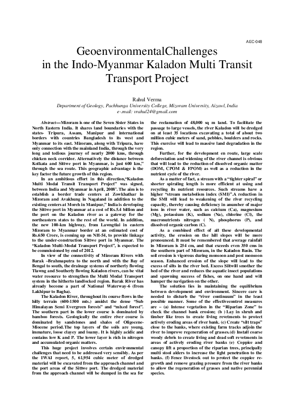 Geoenvironmental Challenges in the Indo-Myanmar Kaladon Multi Modal Transit Transport Project