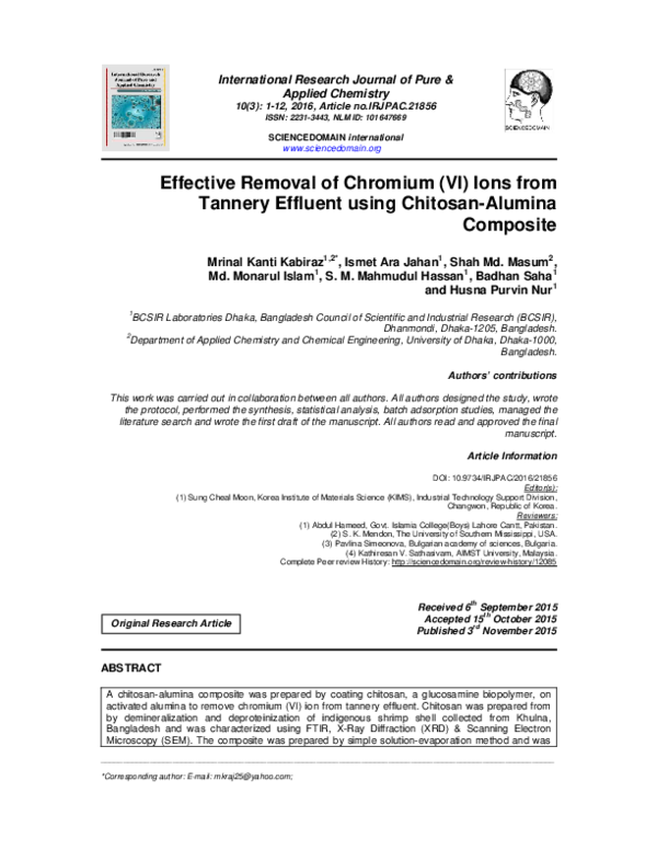 (PDF) Effective Removal of Chromium (VI) Ions from Tannery Effluent ...