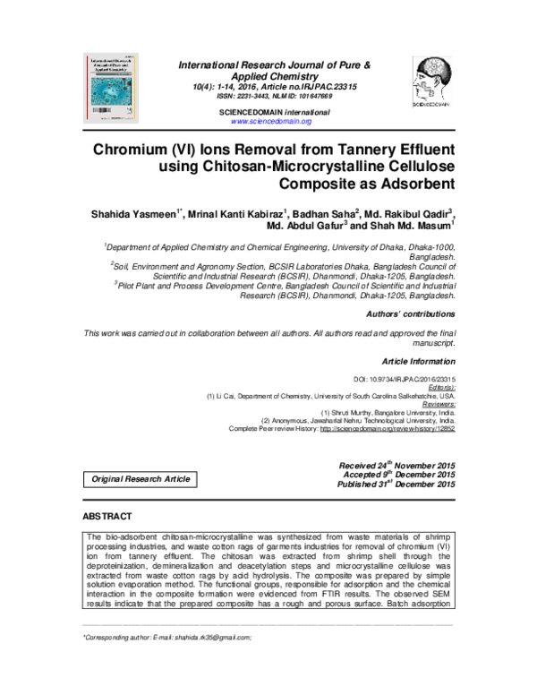 (PDF) Chromium (VI) Ions Removal from Tannery Effluent using Chitosan ...