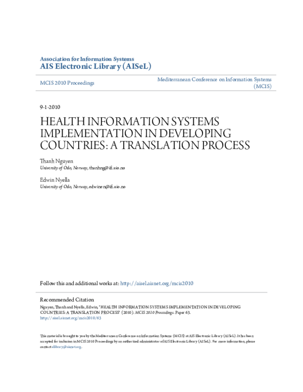 (PDF) Health Information Systems Implementation in Developing Countries ...