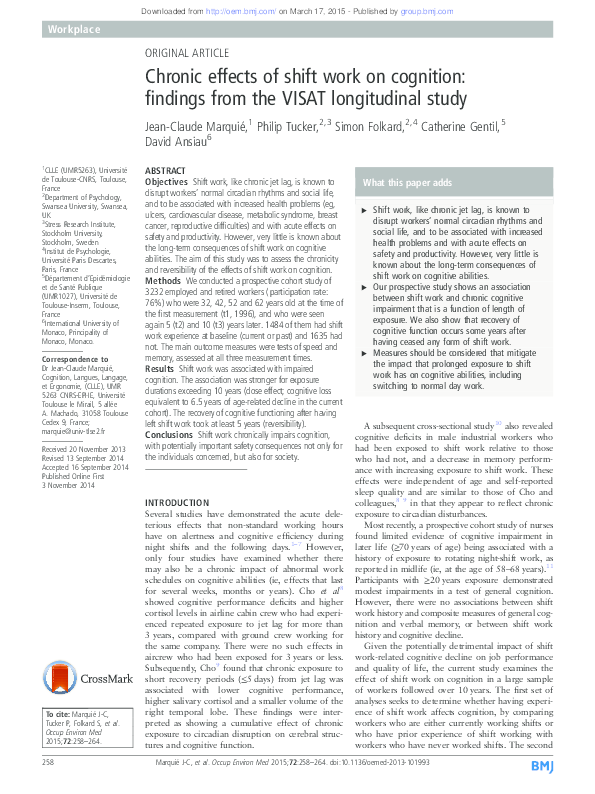 (PDF) Chronic effects of shift work on cognition: findings from the ...
