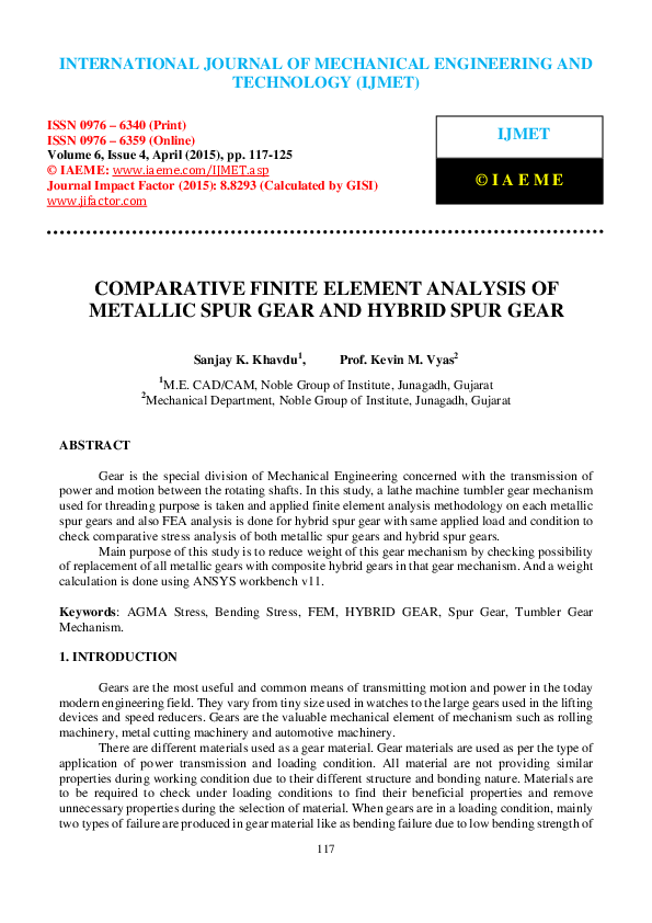 (PDF) COMPARATIVE FINITE ELEMENT ANALYSIS OF METALLIC SPUR GEAR AND