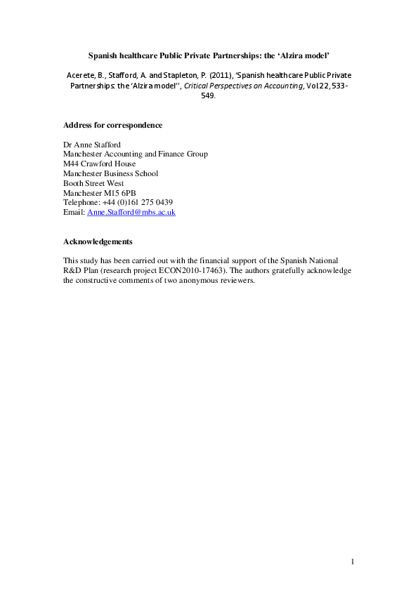 First page of “Spanish healthcare public private partnerships: The ‘Alzira model’”