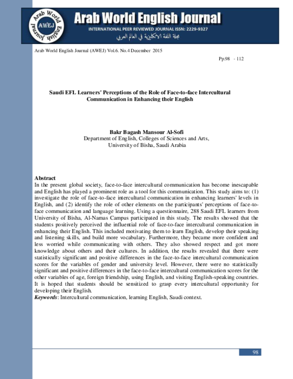 (PDF) Saudi EFL Learners' Perceptions of the Role of Face-to-face ...