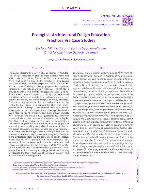 (PDF) ECOLOGICAL ARCHITECTURAL DESIGN EDUCATION PRACTICES VIA CASE STUDIES
