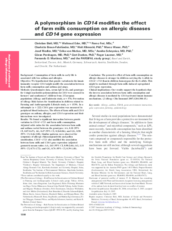 (PDF) A polymorphism in CD14 modifies the effect of farm milk ...