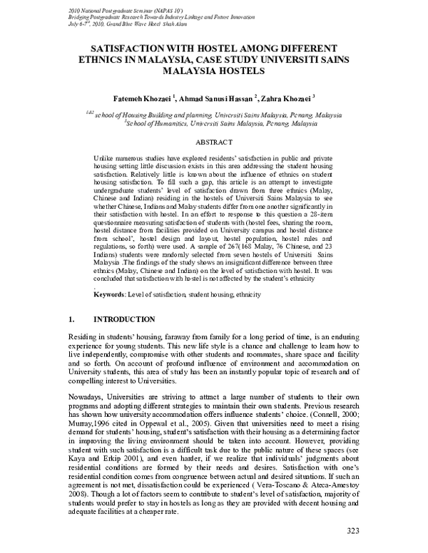 (PDF) satisfaction with hostel among different ethnics in Malaysia ...