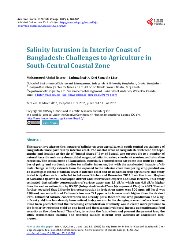 (PDF) Salinity Intrusion in Interior Coast of Bangladesh Challenges to