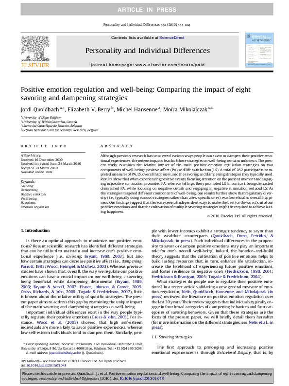 (PDF) Positive emotion regulation and well-being: Comparing the impact ...