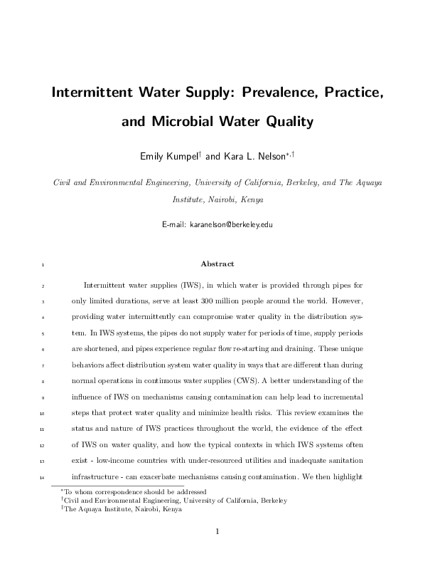 (PDF) Intermittent Water Supply Prevalence, Practice, and Microbial