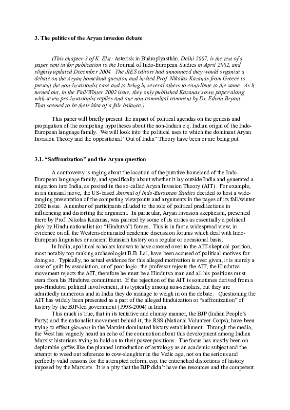 First page of “"The politics of the Aryan invasion debate", ch. 3 of K. Elst: Asterisk in Bhâropîyasthân, Delhi 2007.”