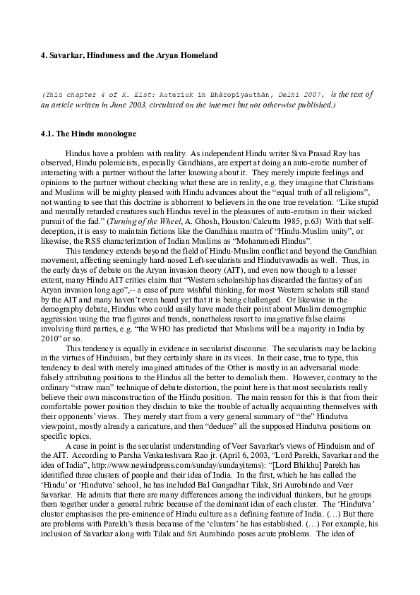 First page of “"Savarkar, Hinduness and the Aryan Homeland", ch. 4 of K. Elst: Asterisk in Bhâropîyasthân, Delhi 2007”