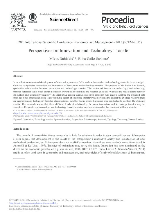 (PDF) Perspectives on Innovation and Technology Transfer