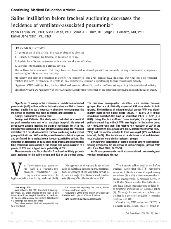 (PDF) Saline instillation before tracheal suctioning decreases the ...