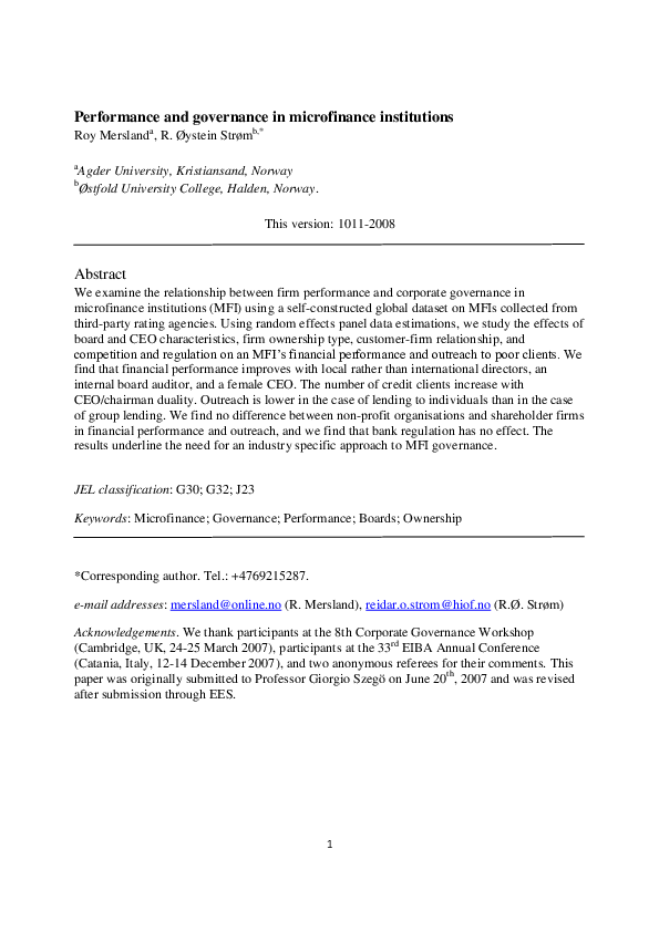(PDF) Performance and governance in microfinance institutions Reidar