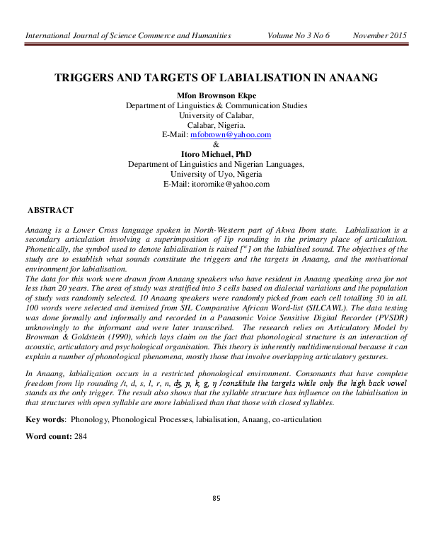 (PDF) Triggers and Targets of Labialisation in Anaang