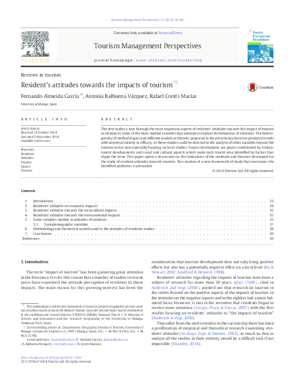 (PDF) RESIDENTS' ATTITUDES TOWARDS THE IMPACTS OF TOURISM