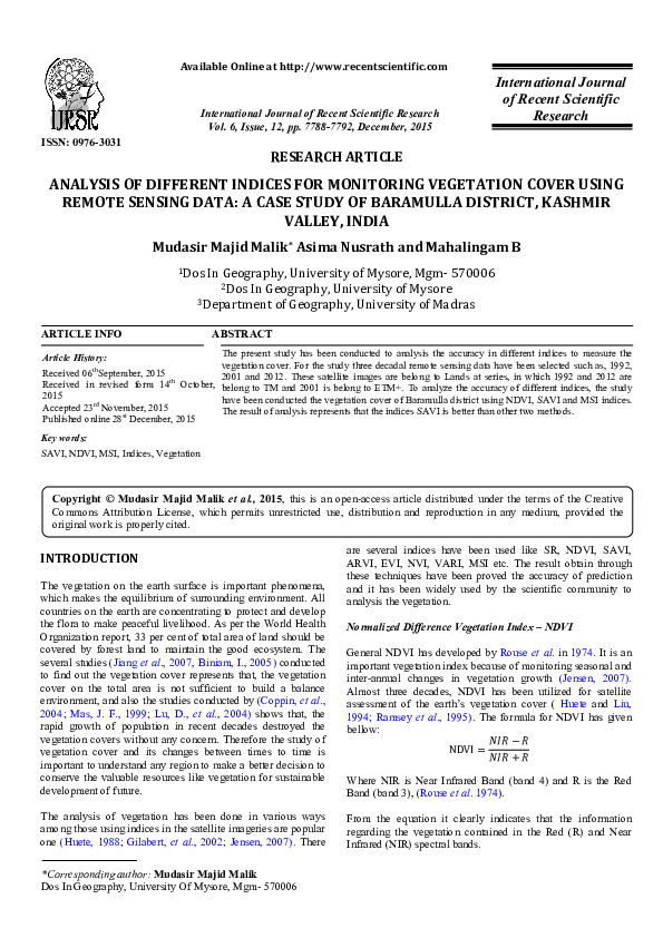 (PDF) Analysis of different indices for monitoring vegetation cover ...