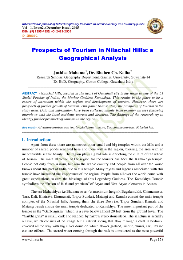 Prospects of Tourism in Nilachal Hills a Geographical Analysis