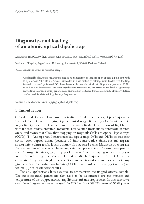 (PDF) Diagnostics and loading of an atomic optical dipole trap