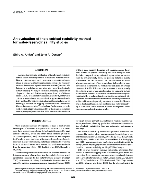 (PDF) An Evaluation of the Electrical-Resistivity Method for Water ...