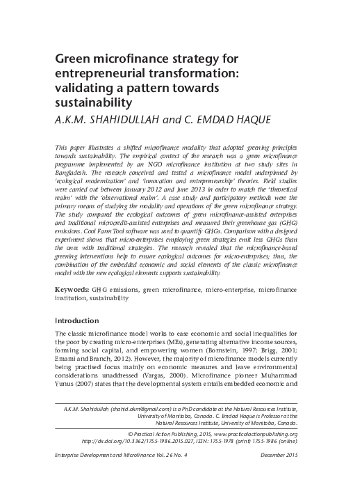 (PDF) Green Microfinance for Entrepreneurial Transformation: Towards a ...