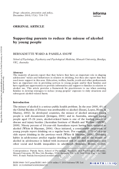 (PDF) Supporting parents to reduce the misuse of alcohol by young people