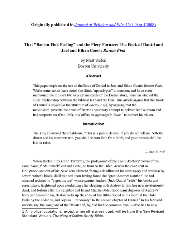 (DOC) That "Barton Fink Feeling” and the Fiery Furnace The Book of