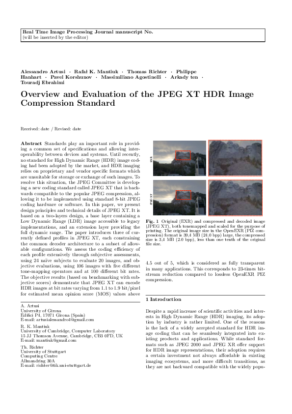 (PDF) Overview and evaluation of the JPEG XT HDR image compression standard