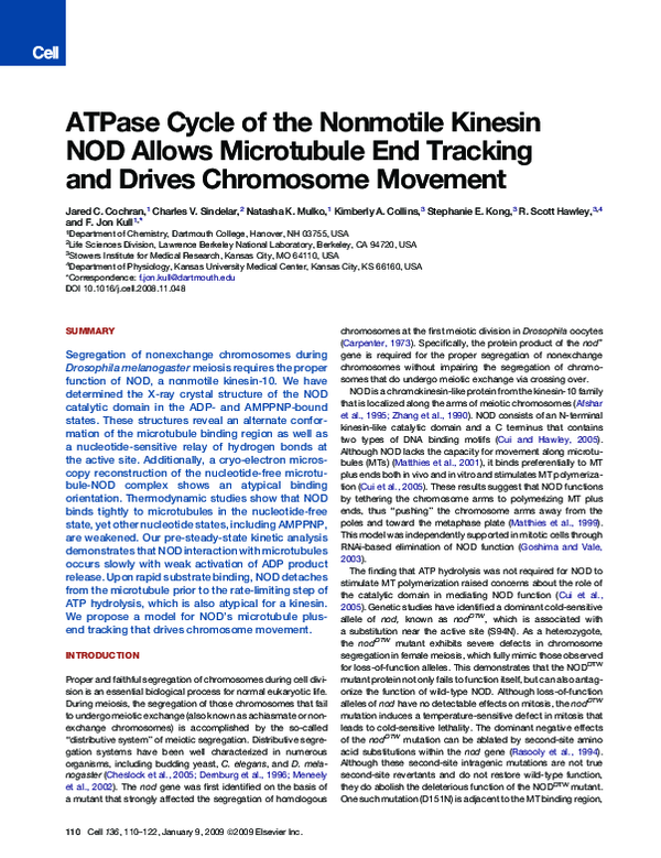 (PDF) ATPase Cycle of the Nonmotile Kinesin NOD Allows Microtubule End ...