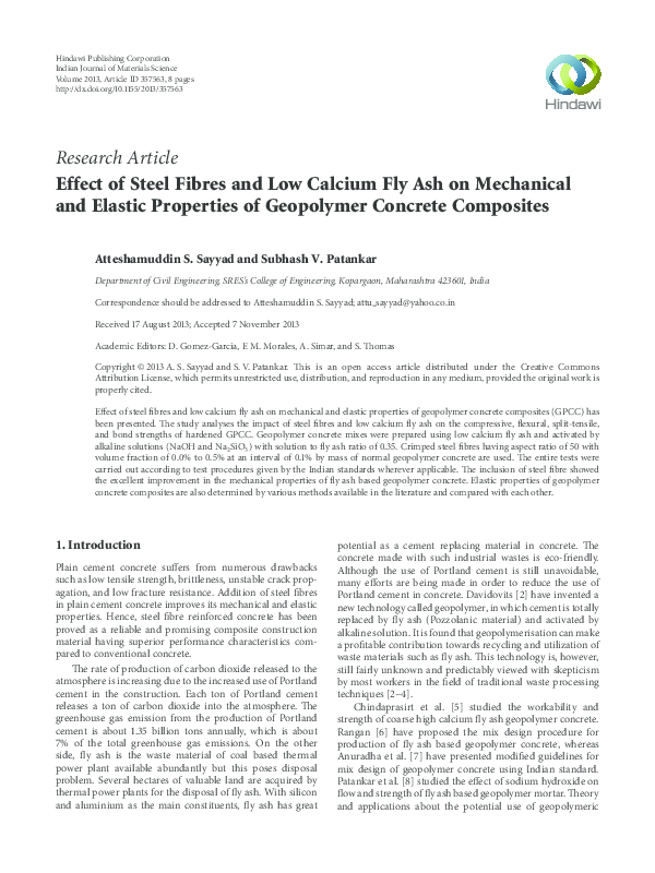 (PDF) Effect of Steel Fibres and Low Calcium Fly Ash on Mechanical and ...
