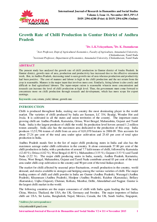 (PDF) GROWTH RATE OF CHILLI PRODUCTION IN GUNTUR DISTRICT OF ANDHRA PRADESH