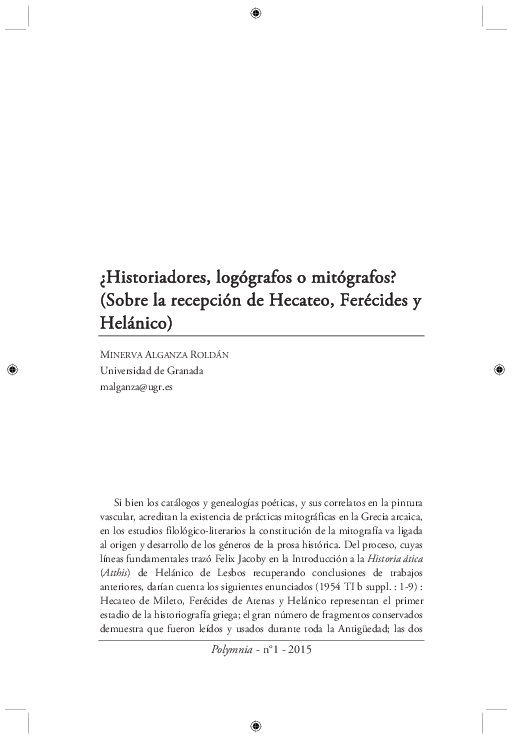 ¿Historiadores, logógrafos o mitógrafos? (Sobre la recepción de Hecateo