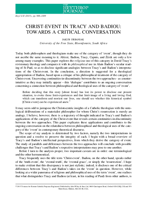 Pdf Christ Event In Tracy And Badiou Towards A Critical - 