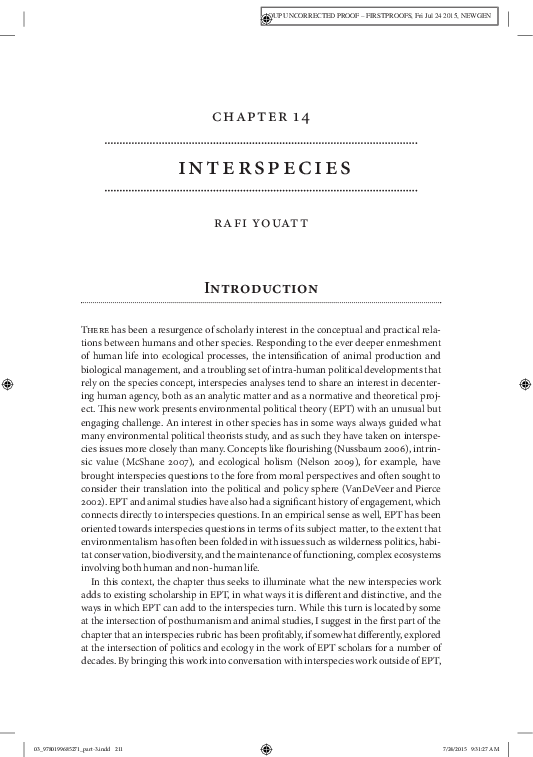 (PDF) "Interspecies," in Oxford Handbook of Environmental Political Theory