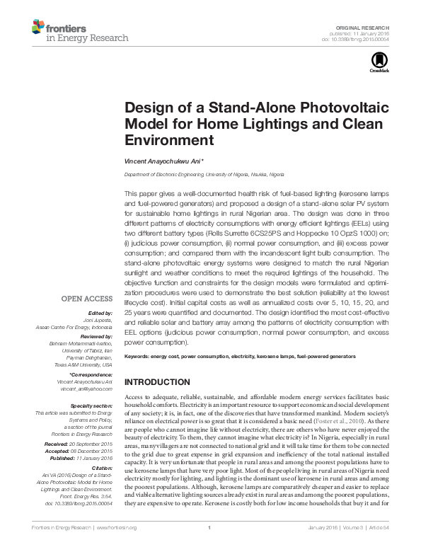 (PDF) Design of a stand-alone Photovoltaic Model for home lightings and ...