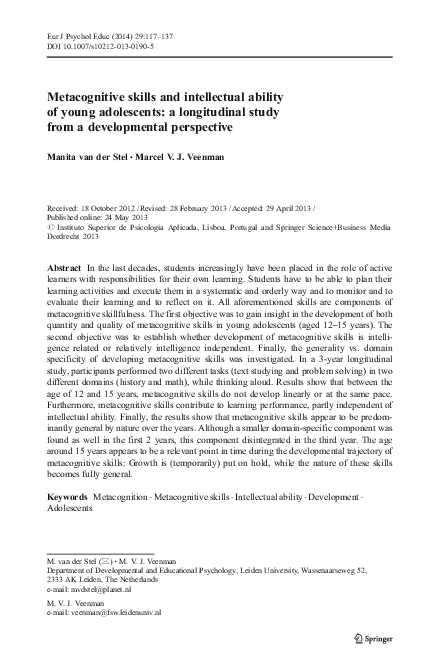 (PDF) Metacognitive skills and intellectual ability of young ...