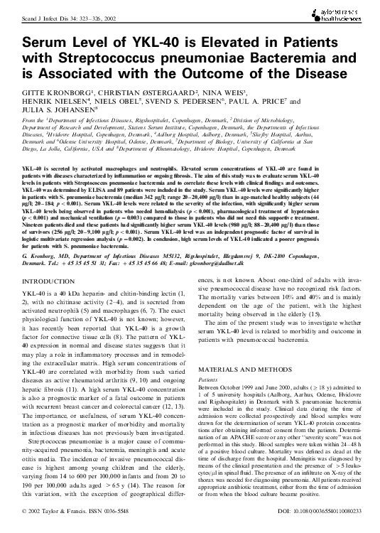 (PDF) Serum Level of YKL-40 is Elevated in Patients with Streptococcus ...