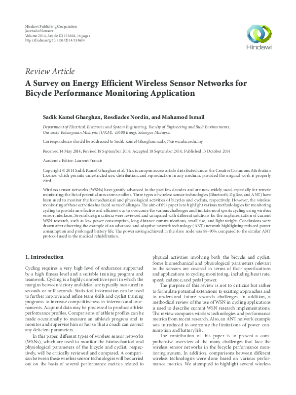 (PDF) A Survey on Energy Efficient Wireless Sensor Networks for Bicycle ...