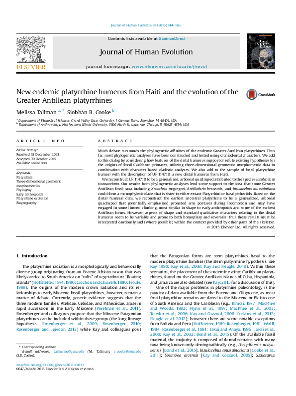 (PDF) New endemic platyrrhine humerus from Haiti and the evolution of ...